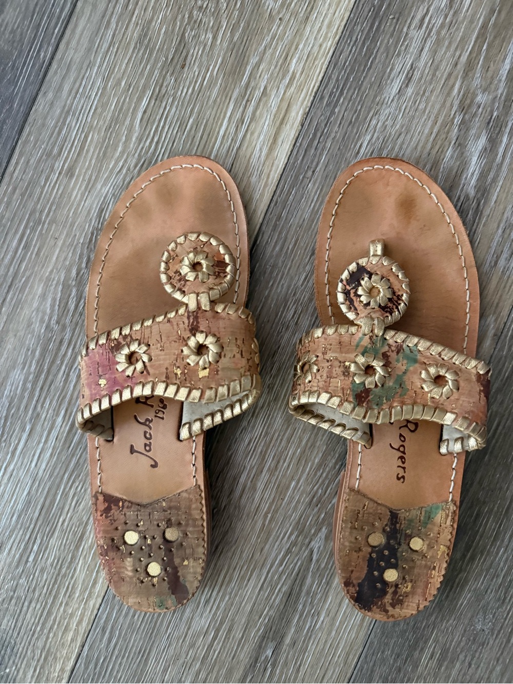 Jack Rogers Tan Leather Cork Sandals with Gold Trim and Multicolor Accents